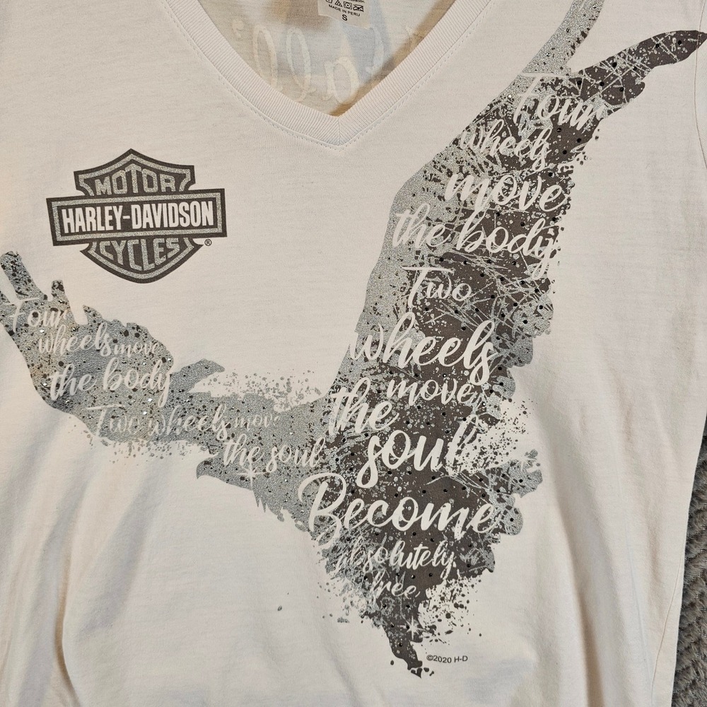 Harley-Davidson Womens V-Neck T-Shirt Cream Eagle Typography Springfield IL S - Picture 3 of 8
